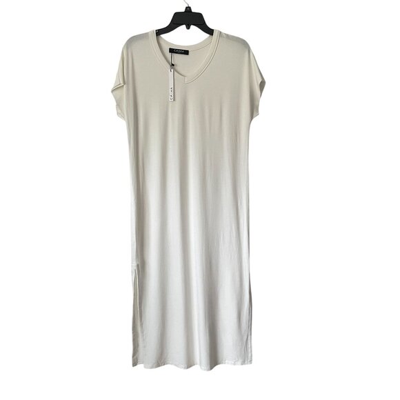 Caara S White V-Neck Short Sleeve Midi T-Shirt Shift Dress Side Slit Relaxed - Picture 2 of 6